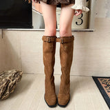 KYLETHOMASW  -  Autumn Winter Thick Heels Woman Knight High Boots Fashion Square Toe Party Dress Shoes Female Vintage Western Long Booties