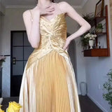 KYLETHOMASW  -  Golden Velvet Camisole Dress Women Spring Autumn Elegant Pleat Long Party Dress Luxury Diamond Vestidos Fashion 848P