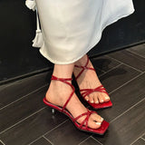 KYLETHOMASW  -  Fashion Cross-tied Women Low Heel Sandals Shoes Shallow Female Square Toe Footwear Sexy Ladies Heeled Shoes Sandals Pumps