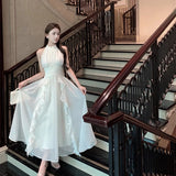 KYLETHOMASW  -  White Long Dresses Ruffles Solid Halter Sleeveless Spring Summer Sweet Vestidos Korean Fasion Elegant Women Dress