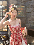 KYLETHOMASW  -  Evening Party Y2k Plaid Mini Dress Women Casual Sweet Lace japanese kawaii Strap Dresses Korean Fashion Elegant 2024 Summer