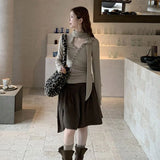 KYLETHOMASW  -  Autumn Fashion Pleated Skirt Women High Waist Solid Color Versatile  A-Line Skirts Office Lady Belt Knee Length Skirt 872A