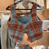 KYLETHOMASW  -   Waistcoat Women 2024 Early Autumn Retro Checkered Fashion Square Neck Buckle Versatile Vest Coat Elegant Short Clothes