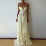 KYLETHOMASW  -  Elegant Pure Color Chiffon Dress Sexy Lace Spliced Mesh Pleated Evening Dress Fashion Hollow Out Sleeveless Halter Banquet Dress