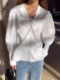 Kylethomasw White Casual Satin Shirts For Women Tee Bow Patchwork Long Sleeve Elegant Pleated Streetwear Solid Female Fashion T-shirt