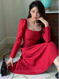 KYLETHOMASW  -  Autumn Vintage Red Midi Dresses for Women Long Sleeve Diamonds Square Collar Slim Waist A-line Party Dress Female Clothing New