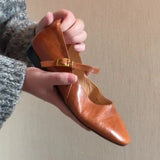 KYLETHOMASW  -  Retro Leather Mary Jane Shoes Women with Buckle Low Heel British Style Slip-On Round Toe Vintage Soft Casual Comfortable Flats