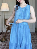 KYLETHOMASW  -  Blue Sleeveless Strap Dress Children Wear 2025 New Summer French Style Seaside Vacation Vest Long Dress Loose Elegant