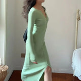 KYLETHOMASW  -  Autumn New Kniting Bodycon Midi Dresses For Women Long Sleeve Solid Color Elegant Office Ladies Single Breasted Slit Dress K658