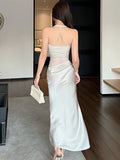 KYLETHOMASW  -  New Solid Satin Patchwork Mesh Pleated Dress Summer Elegant Luxury Neck-mounted Sexy Dress Women Korean Bodycon Party Dress