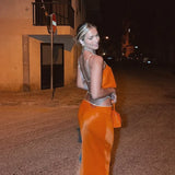 Kylethomasw New Sexy Skirt Set Fashion Women Summer Diamond Strap Crop Top Midi Outfits 2024 Y2K Orange Backless Dress Club Party Vintage