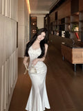 KYLETHOMASW  -  Woman Dress Sleeveless Satin V Neck Lace Patchwork Bandage Sexy Elegant Backless Mermaid Dresses Party Female Fashion
