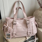 KYLETHOMASW  -  Y2k Faux Leather Tote Handbag Multi Buckle Rivet Shoulder Bag Large Capacity Casual Ladies Crossbody Bag Daily Travel Work Purse