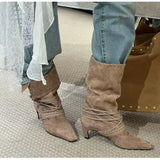 KYLETHOMASW  -  Autumn Winter Faux Suede Weave Lace-up Women Motorcycle Boots Fashion High heels Chelsea Western Mid-Calf Short Booties Shoes