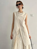Kylethomasw Vintage Split White Blouse Sleeveless Lace Up Loose Women Shirt Elegant Office Lady Summer Fashion Design Tops Mujer New