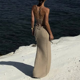 KYLETHOMASW  -  Sexy Style Backless Tie Up Long Dress Summer Pool Party Beach Vacation Slip Dress Fashion Knitting Hollow Out Beachwear Cover Up