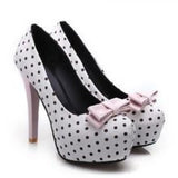 KYLETHOMASW  -  Spring Autumn New Women's Pumps Sweet Bow Polka Dot High-Heeled Single Shoes Round Toe Thin Heels Plus Size Women Shoes 슬리퍼