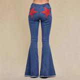 KYLETHOMASW  -  Vintage Women Contrast Five-point Star Patchwork Denim Flared Pants Baggy Dragging Jeans Trousers Chic Elegant Casual Short Pant