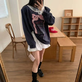 KYLETHOMASW  -  Korean Temperament Bow Letter Printed T-shirt Women Spring New Patchwork Lace Edge Long Sleeved Top