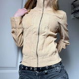 KYLETHOMASW  -  Jackets Women Vintage Pockets Zipper Stand Collar Sexy Y2k Harajuku Solid Grunge Autumn Winter Fashion Coats Casual