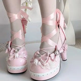 KYLETHOMASW  -  Original Egg Tart Heart High Heel Lolita Shoes with  Knot Silk Ribbon and Unique Shape Heel for Women