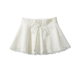 KYLETHOMASW  -  Holiday Front Cross Lacing up Bandage Bow Zipper Waist Mini Skirt Women White Spliced Lace Hem Ruched Swing A-lined Skirts Black