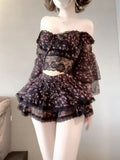 KYLETHOMASW  -  French Elegant Floral Lace 2 Piece Set Women Layered Ruffle Crop Top High Waist Mini Skirt Slim Fit Party Date Night Outfit