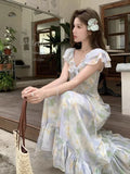 KYLETHOMASW  -  Chiffon Floral Ruffles Dress Women Elegant Flying Sleeve Dress Sweet Slim A Line V Neck Summer Lace Up Lady Vintage Vestidos