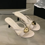 KYLETHOMASW  -  Fashion Metal Women High Heels Pumps Slides Shoes New In Spring Summer Female Slip On Footwear Round Toe Ladies Thin Heels Shoes