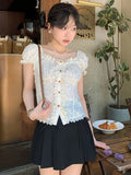KYLETHOMASW  -  Shirts for Women Summer High-end Designed French Sweet Style Embroidered Lace Three-dimensional Flower Short-sleeved Shirt Top