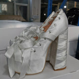 KYLETHOMASW  -  New Women's High Heels Platform Satin Bow Sweet Girl Sandals Summer Round Toe Lace S Lolita Dance Solid Color Party Sandals