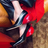 KYLETHOMASW  -  Women's Pumps Pointed Toe Black Leather Upper Red Balloon Shaped Heel Unique Design Fashion Statement Elegant Style Footwear