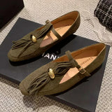 KYLETHOMASW  -  Luxury Metal Decoration Tassel Design Flats Women Comfortable Faux Suede Soft Sole Loafers Retro T Strap Buckle Mary Jane Shoes