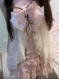 KYLETHOMASW  -  Japanese Vintage Lace Pink Kawaii 3-piece Set Women's Designer Sweet Elegant Cute Bow Sling Tops + Cake Short Skirt Suit New