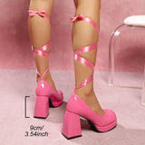 KYLETHOMASW  -  Elegant Wine Red Thick Heel Pumps Women Patent Leather High Heels Banquet Shoes Woman Lace Up Platform Mary Jane Shoes