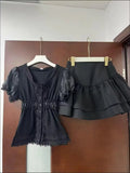 KYLETHOMASW  -  Gothic Vintage Black Lace 2-piece Set Women Lolita Lace Puff Sleeve Y2K Tops Female + High-waist Ruffle Short Kawaii Mini Skirt