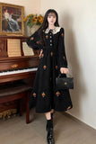 KYLETHOMASW  -  Sweet Hot Girl Embroidery Lace Turn-down Collar Long Dress Women's Autumn/winter Black Corduroy Dress Fashion Female Clothes