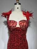 Kylethomasw Women Summer Luxury Sexy Mesh Sequins Feather Red Maxi Long Gowns Dress Elegant Evening Party Club Dress