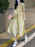KYLETHOMASW  -  Women Summer Fashion Floral Print Ruffle Bandage Sweet Chic Midi Dress Casual Square Collar Short Sleeve Slim Slit Beach Dresses