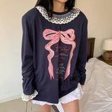 KYLETHOMASW  -  Korean Temperament Bow Letter Printed T-shirt Women Spring New Patchwork Lace Edge Long Sleeved Top