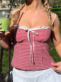 KYLETHOMASW  -  Fashion Sweet Plaid Lace Spliced Women Camisole Cute Chic Y2k Summer Trendy New Slim Fit Blouses
