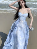 KYLETHOMASW  -  New Summer Long Dresses for Women Spaghetti Strap Korean Chic A-Line Ruffles Beach Style Party Dress One Piece Vestido Mujer