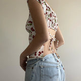 KYLETHOMASW  -  Sweet and fresh printed back strap with U-neck short top for girls, sexy and slim fit, backless versatile short sleeved shirt