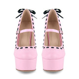 KYLETHOMASW  -  Pink Leather Mary‑Jane Platform Stiletto Pumps Black Contrast Stitching Back Bow Decor Round Toe Adjustable Buckle Shoes