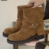 KYLETHOMASW  -  Fashion Metal Buckle Decoration Design Ankle Boots Women High Quality Retro Faux Suede Boots Comfortable Non-Slip Platform Boots