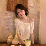 KYLETHOMASW  -  French Style Lace Trim Long Sleeve One Shoulder T-Shirt Women Summer Sun Protection Ruffle Casual Versatile Pure Desire Style