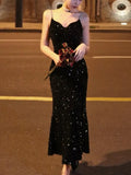 KYLETHOMASW  -  Sexy Sleeveless Velvet Dress Women French Fashion Sequins Long Mermaid Dresses Evening Party Prom One Piece Vestidos Mujer