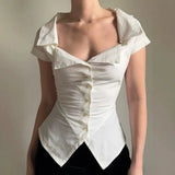 KYLETHOMASW  -  New Summer French Turn Down V Neck Women Shirt All Match Pleated Single Breasted Clothes Slim Waist Y2k Temperament Blouse