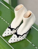 KYLETHOMASW  -  Elegant Pink Knit Sock Ankle Boots Black Polka Dot Print Mini Bow Decor Thin Stiletto Heel Boots Retro Sweet Style Fashion Shoes