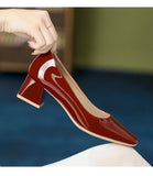 KYLETHOMASW  -  Solid Japanned Leather Pumps Woman Block High Heels Shoes OL Ladies Dress Work Escarpins Femmes Designer Luxury Tacones Mujer
